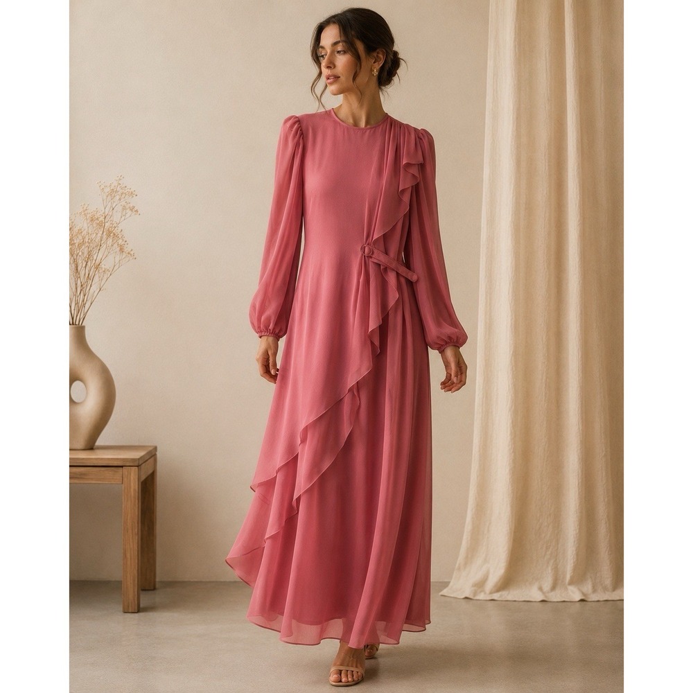 Vintage 80s Womens Pink Puff Sleeve Draped Maxi Dress No size see measurements